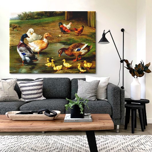 Kippen, eenden en slangen op het Boerderij Canvas Afdruk