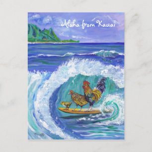 Kippen en Haan Surfen Kauai Beach Briefkaart