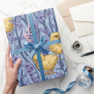 Kippen en hyacinten op hemelsblauw cadeaupapier