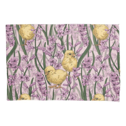 Kippen en hyacinten op roze kussensloop (Voorkant-Links)
