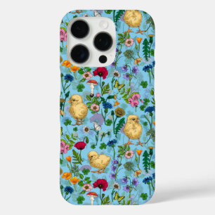 Kippen en wilde bloemen op baby blauw iPhone 16 pro hoesje