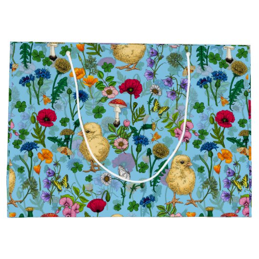 Kippen en wilde bloemen op baby blauw groot cadeauzakje (Achterkant)