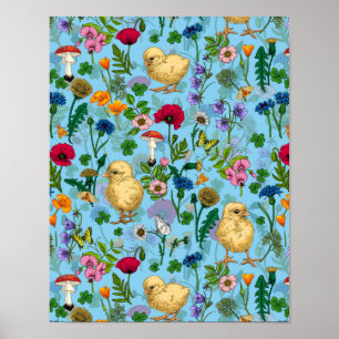 Kippen en wilde bloemen op baby blauw poster