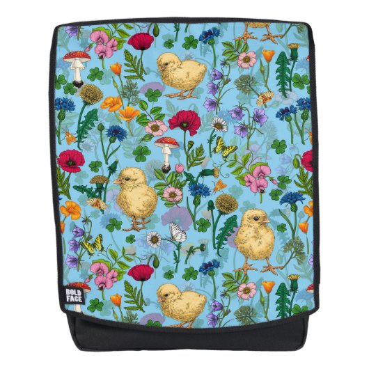 Kippen en wilde bloemen op baby blauw rugtassen (Voorkant)