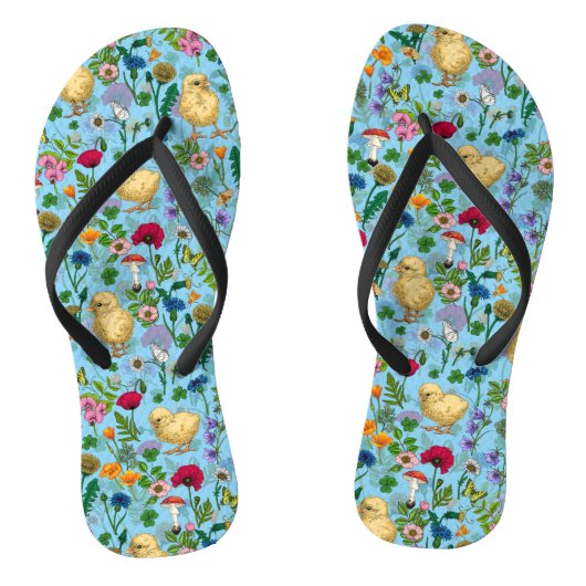 Kippen en wilde bloemen op baby blauw teenslippers (Voetbed)