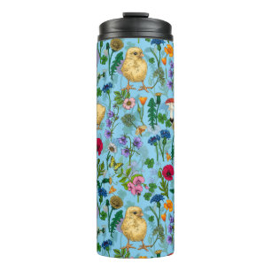 Kippen en wilde bloemen op baby blauw thermosbeker