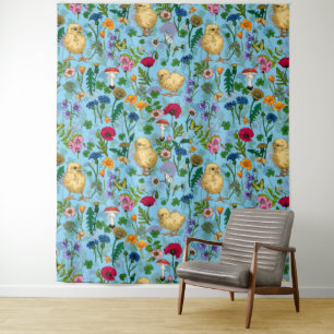 Kippen en wilde bloemen op baby blauw wandkleed