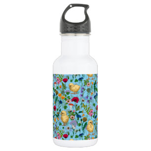 Kippen en wilde bloemen op baby blauw waterfles