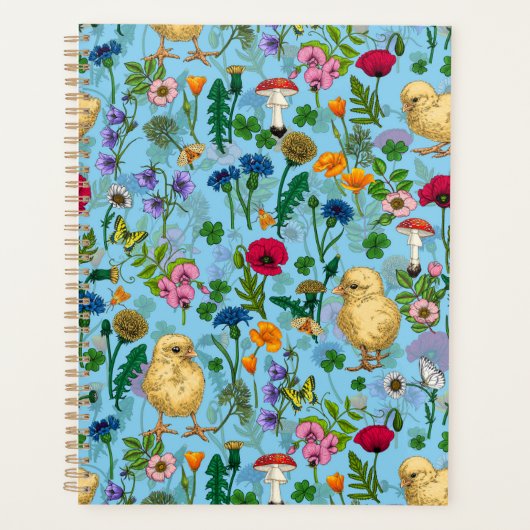 Kippen en wilde bloemen op baby blueHand-getrokken Planner (Voorkant)