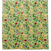 Kippen en wilde bloemen op honing dauwgroen douchegordijn (Voorkant)