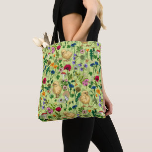 Kippen en wilde bloemen op honing dauwgroen draagtas