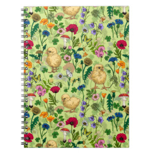 Kippen en wilde bloemen op honing dauwgroen notitieboek