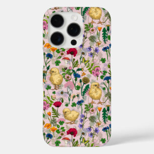 Kippen en wilde bloemen op katoenen snoep roze iPhone 16 pro hoesje
