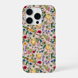 Kippen en wilde bloemen op katoenen snoep roze iPhone 16 pro hoesje
