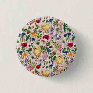 Kippen en wilde bloemen op katoenen snoep roze ronde button 3,2 cm