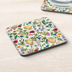 Kippen en wilde bloemen op wit bier onderzetter