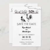 Kippen Haan, Hen | Zwart, Witte Boerderij Bruiloft Save The Date (Voorkant / Achterkant)