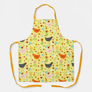 Kippen in de tuin, met bloemen, en bugs schort