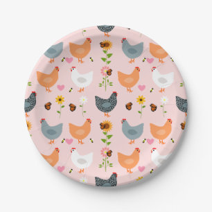 Kippen in de tuin met bloemen en buien papieren bordje