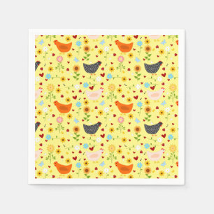 Kippen in de tuin met bloemen en buien servet