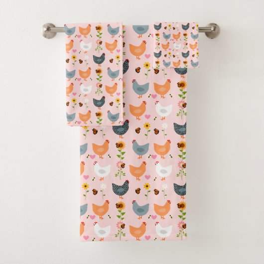 Kippen in Flowers Pink Bath Towel Set Bad Handdoek (Insitu)