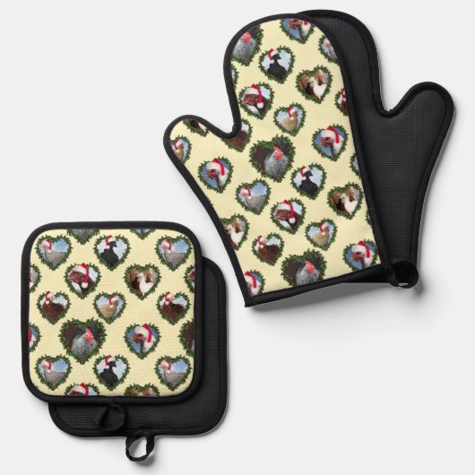 Kippen in Krans Hart Kerstmis Ovenwant & Pannenlap Set (Voorkant / Achterkant)