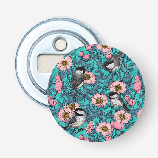 Kippen in vrij roos, roze en blauw button flesopener (Voorkant)
