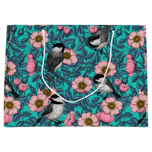 Kippen in vrij roos, roze en blauw groot cadeauzakje (Voorkant)