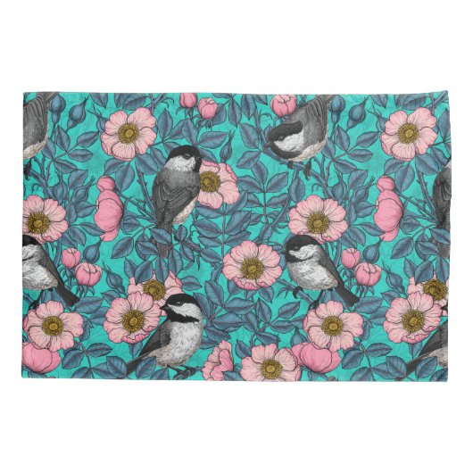 Kippen in vrij roos, roze en blauw kussensloop (Achterkant)