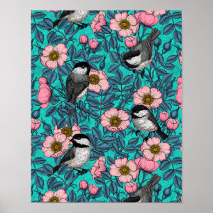 Kippen in vrij roos, roze en blauw poster