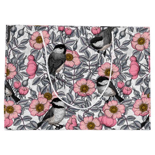 Kippen in vrij roos, roze en grijs groot cadeauzakje (Achterkant)