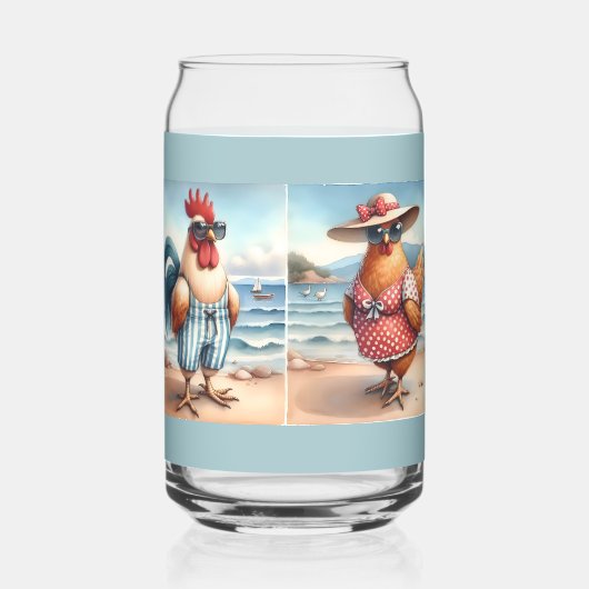 Kippen in zwemkleding aan zee blikvorm glas (Achterkant)