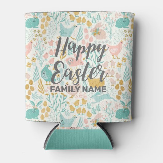 Kippen konijntjes en bloemen Gelukkig Pasen patroo Blikjeskoeler (Voorkant)