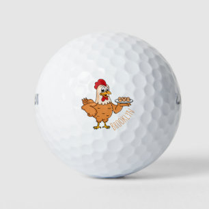 Kippen met eieren op de cartoon van borden golfballen