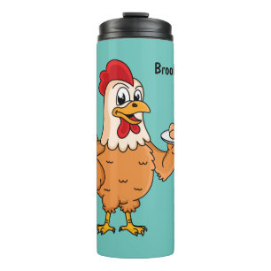 Kippen met eieren op de cartoon van borden thermosbeker