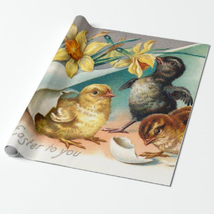 kippen met gele bloemen Pasen Cadeaupapier
