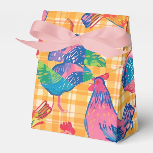 Kippen op gele geruite achtergrond bedankdoosjes (Voorkant Zijde)