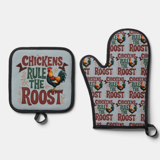 Kippen regeren de Roost Rustic Boerderij Illustrat Ovenwant & Pannenlap Set (Voorkant)