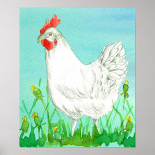 Kippenboer White Leghorn Blue Waterverf Poster