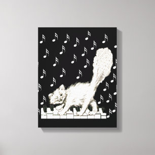 Kippende Witte Kat op Pianotoetsen Muzieknoten Canvas Afdruk