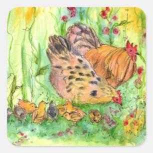Kippenfamilie Waterverf Vogeldier Boerderij Vierkante Sticker