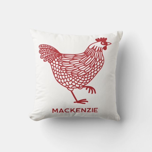 Kippenpluimvee gepersonaliseerde rood en wit kussen (Voorkant)
