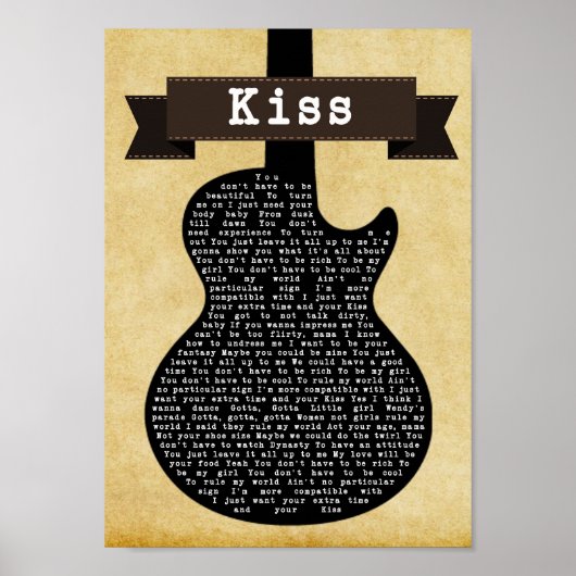 Kiss Black Guitar Song Lyric Wall Art afdrukken Poster (Voorkant)