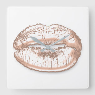 Kiss Lips White roze Rose Gold Makeup Vierkante Klok