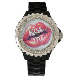 Kiss Me Glossy Red Lips Art Illustration Horloge