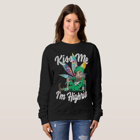 Kiss Me I'm Highrish St Patricks Day Weed Stoner Trui (Voorkant volledig)