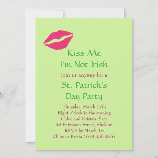 Kiss Me I'm Not Irish Party Invitation - rose (Devant)