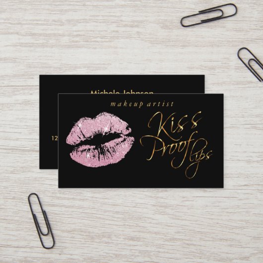 Kiss Proof Lips - Roze glitter en goud Visitekaartje (Voorkant / Achterkant in situ)