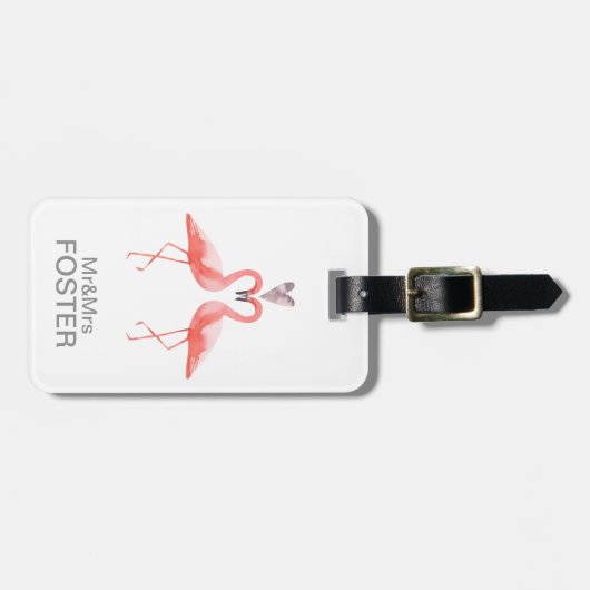Kissend roze flamingos Mr & Mrs monogram Bagagelabel (Voorkant horizontaal)