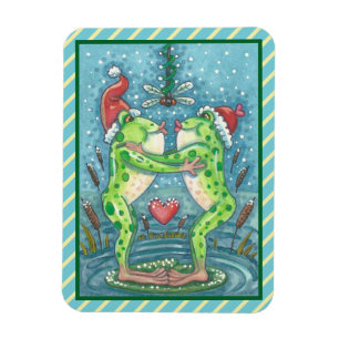KISSENDE FROGS, DRAGONFLY MISTLETOE HOLIDAY MAGNET MAGNEET